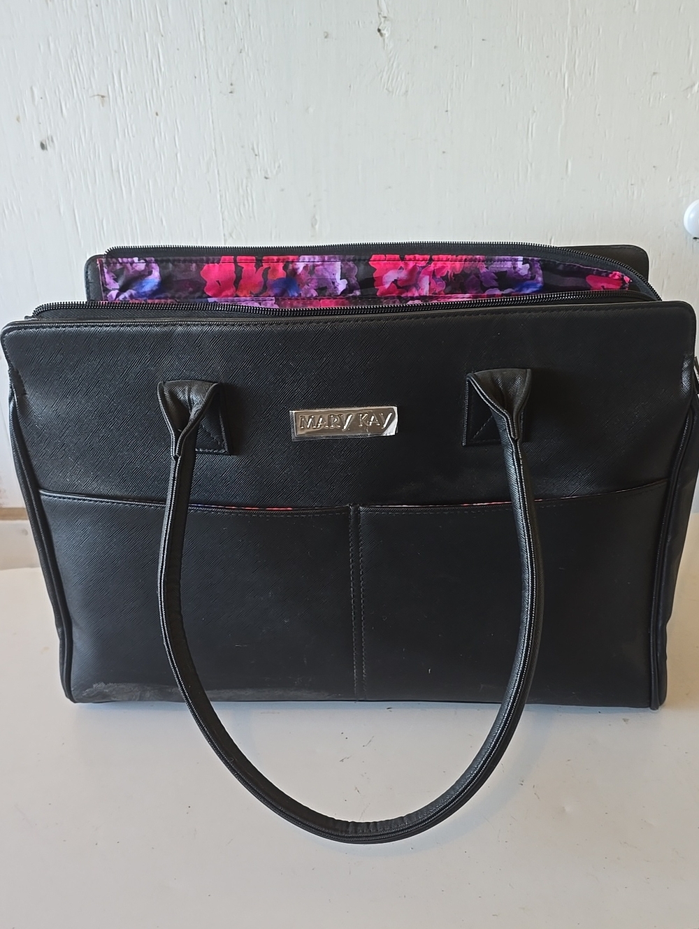 Mary Kay Black Tote with Pink and Purple Floral Interior